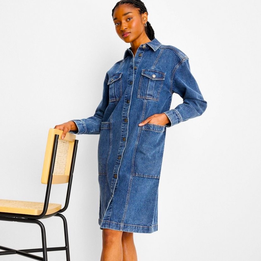Long Sleeve Button-Up Denim Midi Dress